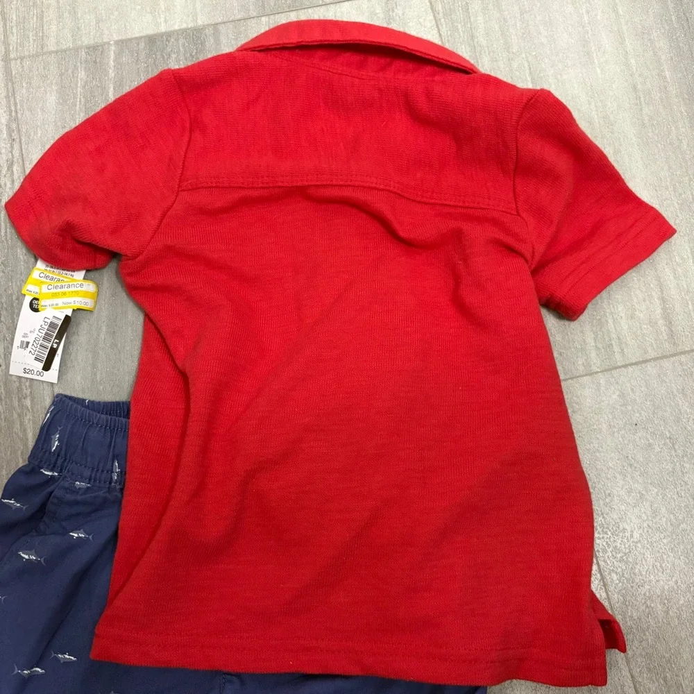 OshKosh B'gosh Toddler Boys‎ 2T Red Polo Shirt and Navy Shark Print Shorts Set